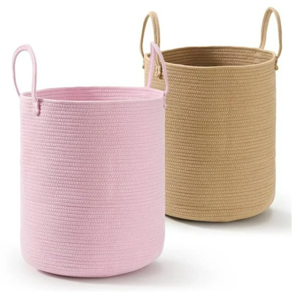 2 pack cotton rope laundry baskets tall woven storage bins pink beige nursery ha